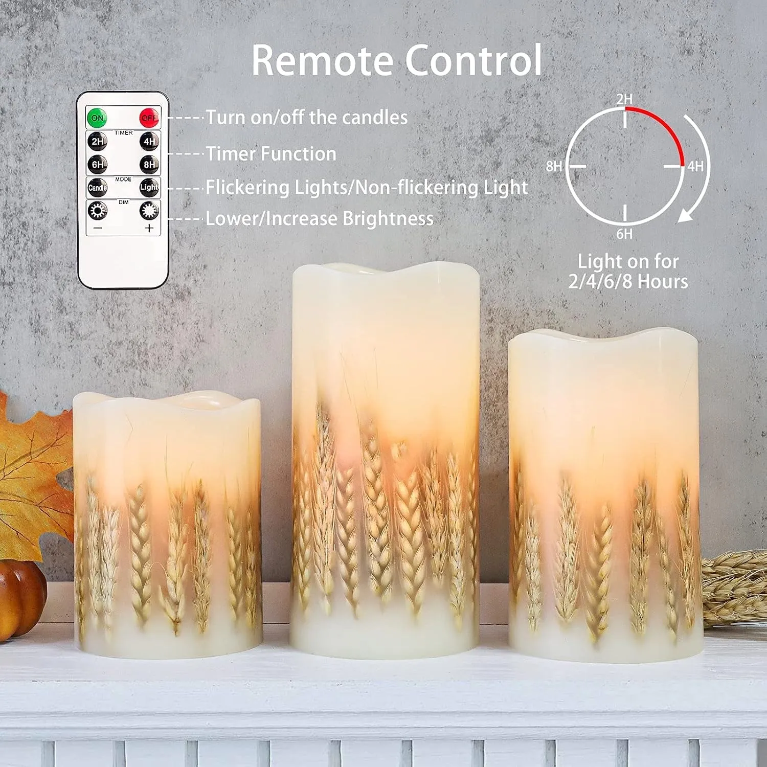 Flickering Flameless Candles with Remote, Battery Operated Wheat Embedded LED Candles, Real Wax Pillar Candles for Fall Christmas Bedroom Wedding Decoration, D3 X H4 5" 6" Set of 3