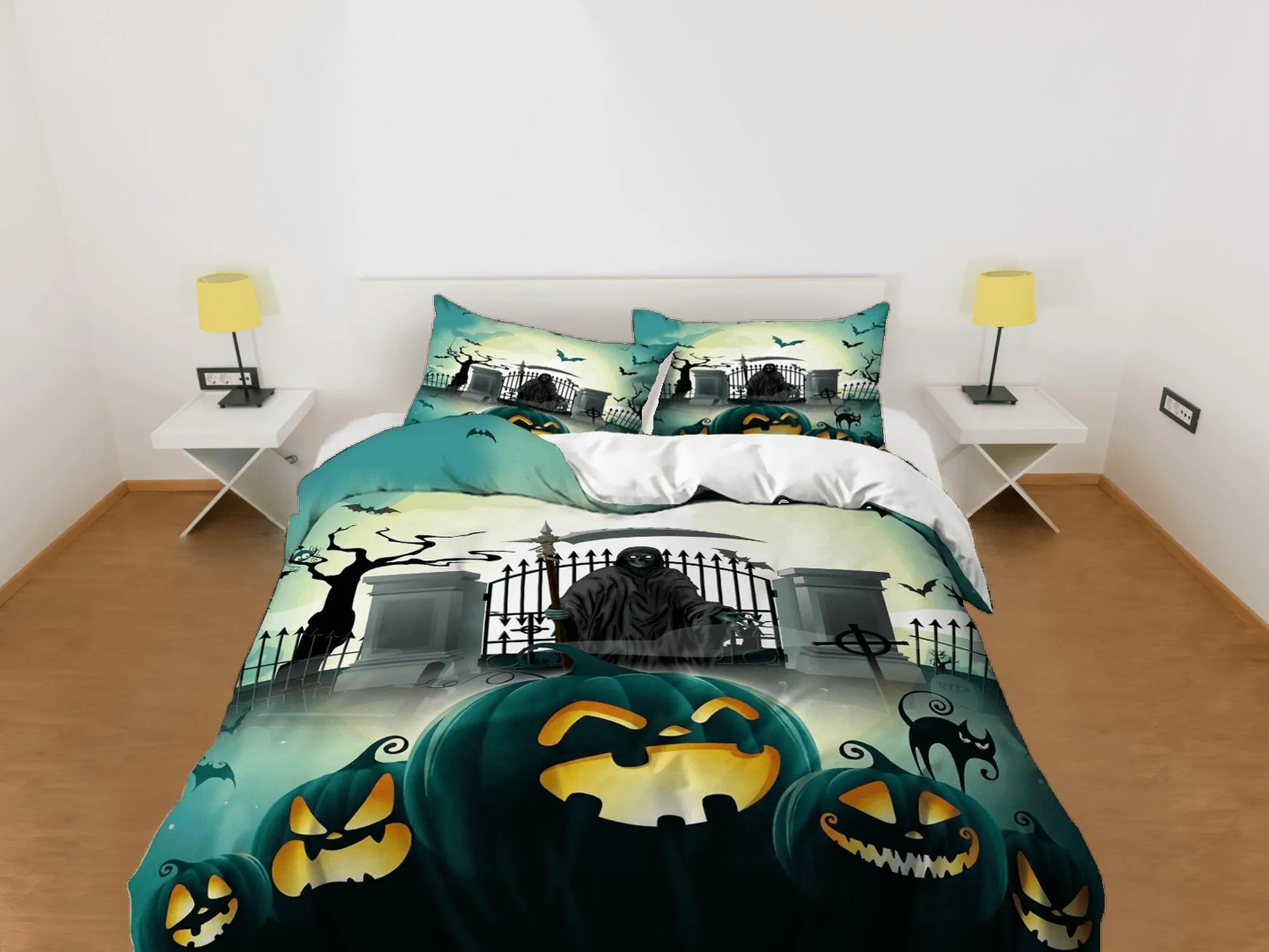 Grim reaper black cat pumpkin halloween bedding & pillowcase, green duvet cover, dorm bedding, goth decor toddler bedding, halloween gift