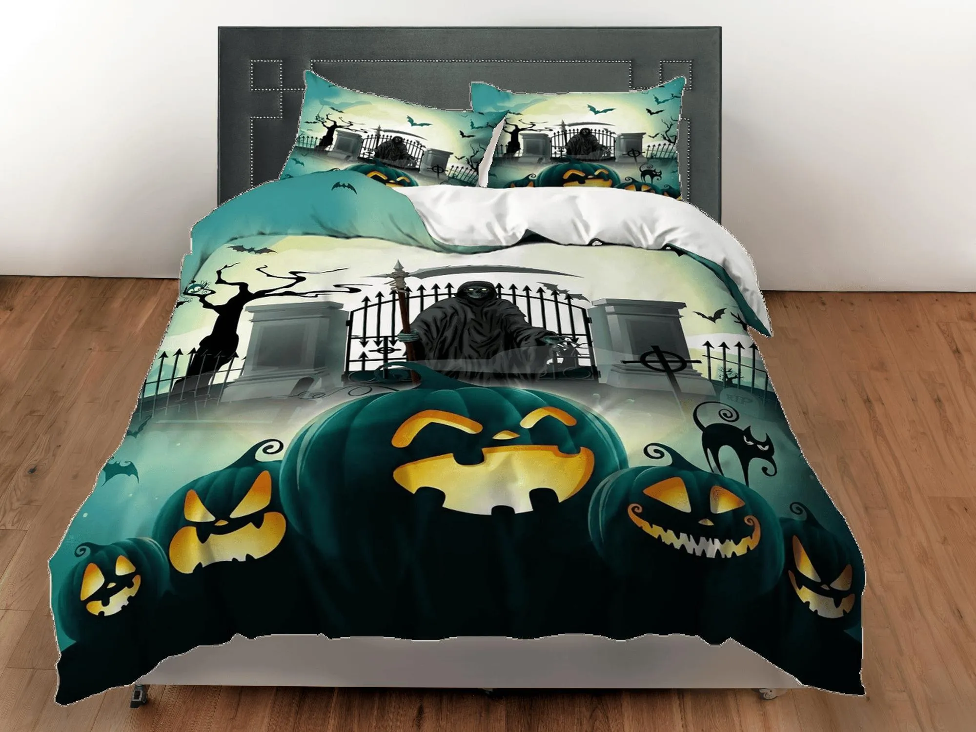 Grim reaper black cat pumpkin halloween bedding & pillowcase, green duvet cover, dorm bedding, goth decor toddler bedding, halloween gift