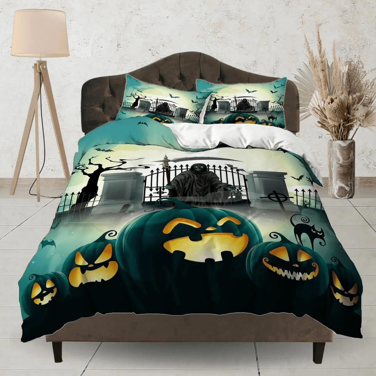 Grim reaper black cat pumpkin halloween bedding & pillowcase, green duvet cover, dorm bedding, goth decor toddler bedding, halloween gift