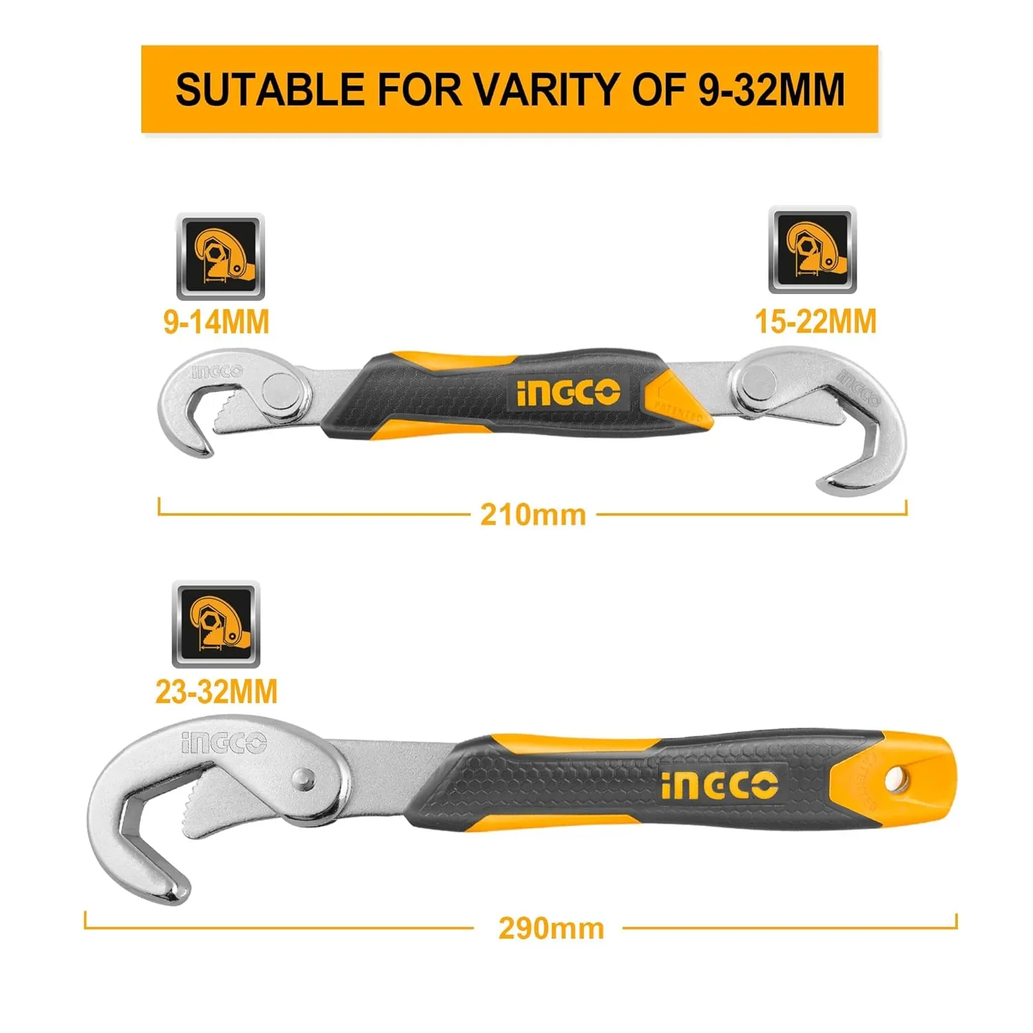 INGCO HBWS110808 Bent Wrench, Metal Multi-function Portable Universal Wrench Set, Anti-Slip Grip 9-32mm - Adujustable Wrench (2PCS) (1 Set)