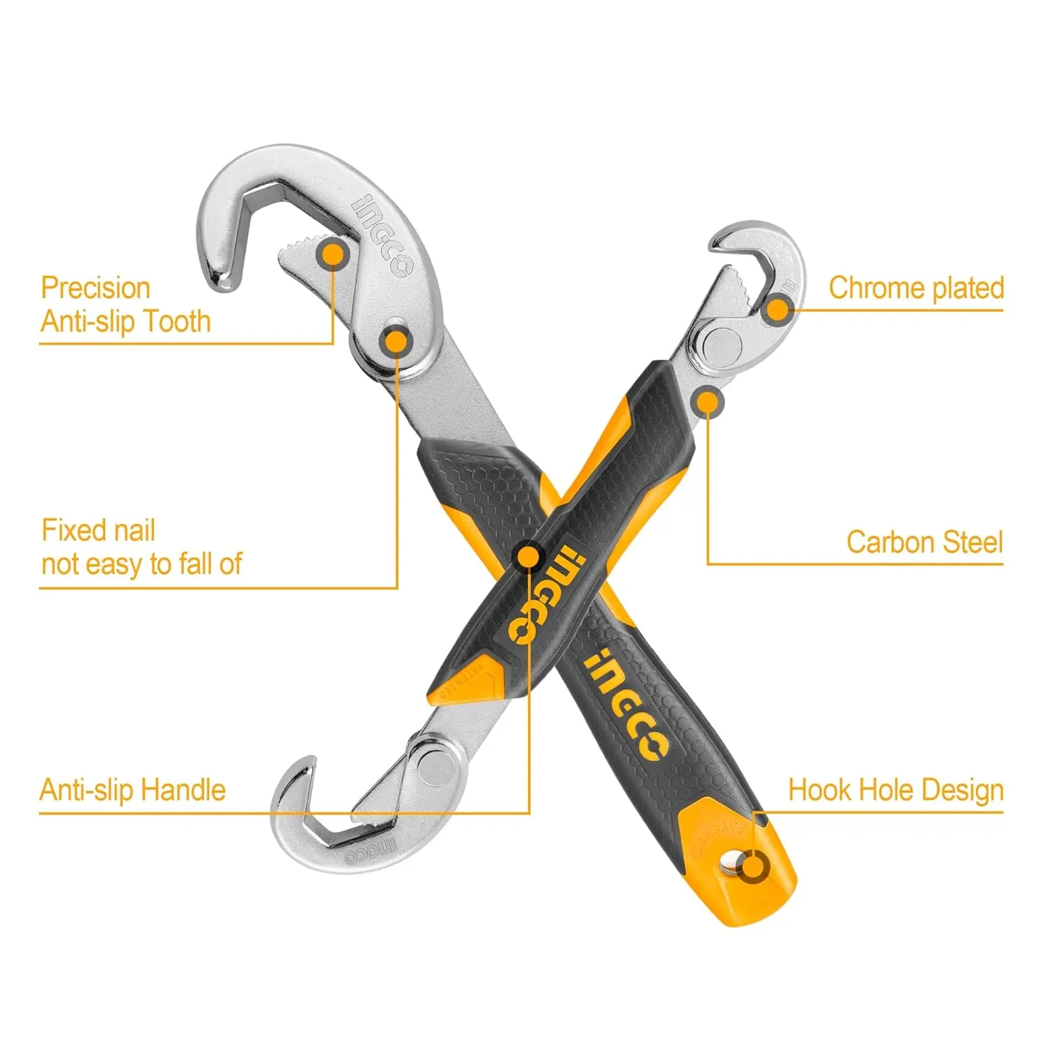 INGCO HBWS110808 Bent Wrench, Metal Multi-function Portable Universal Wrench Set, Anti-Slip Grip 9-32mm - Adujustable Wrench (2PCS) (1 Set)