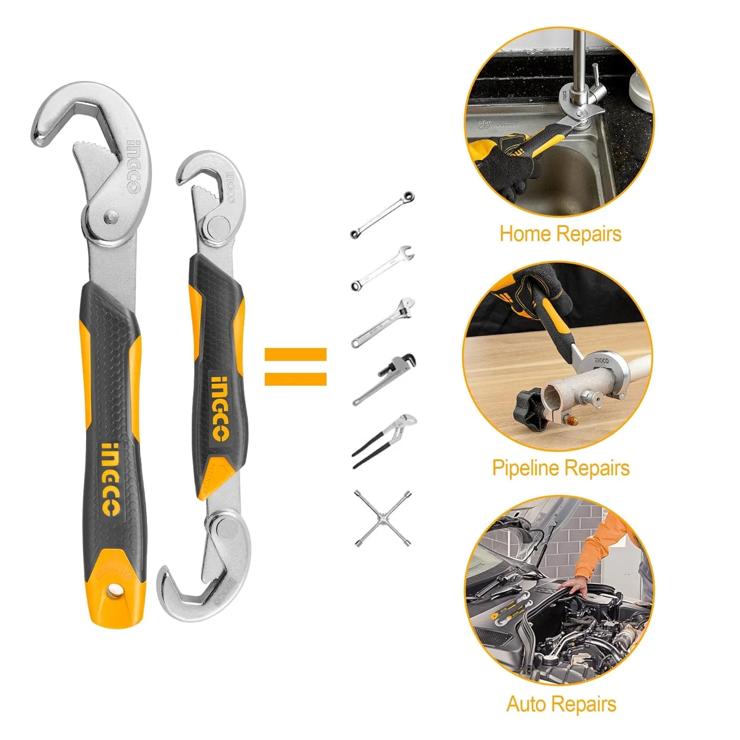 INGCO HBWS110808 Bent Wrench, Metal Multi-function Portable Universal Wrench Set, Anti-Slip Grip 9-32mm - Adujustable Wrench (2PCS) (1 Set)