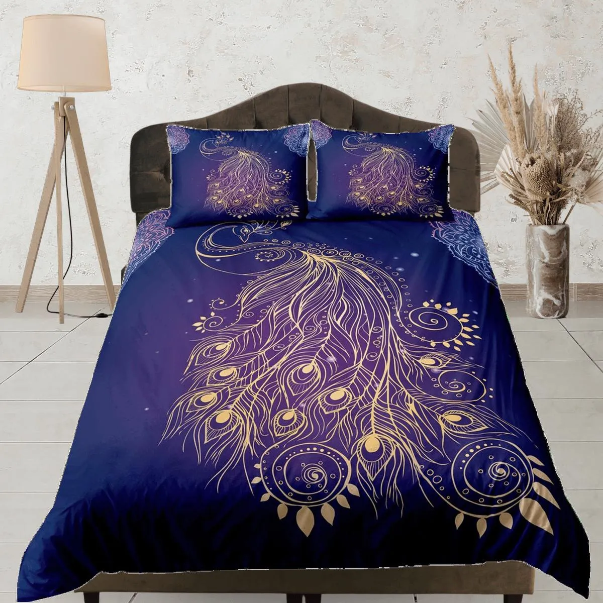 Koamaru peacock decor gold aesthetic bedding set full, luxury duvet cover queen, king, boho duvet, designer bedding, maximalist bedspread