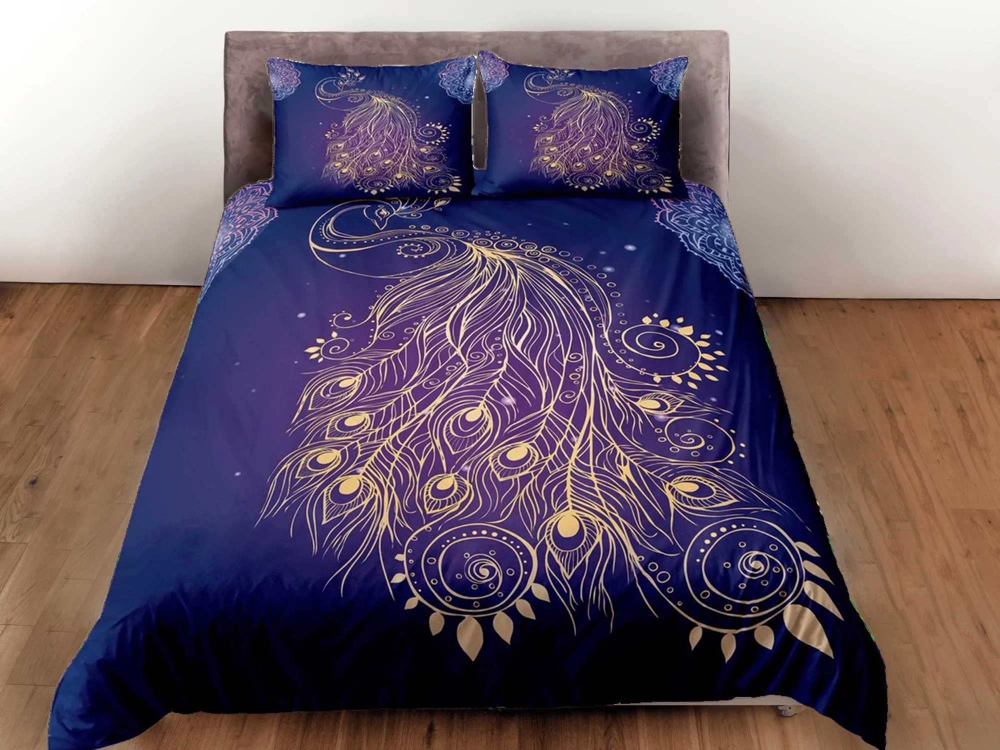 Koamaru peacock decor gold aesthetic bedding set full, luxury duvet cover queen, king, boho duvet, designer bedding, maximalist bedspread