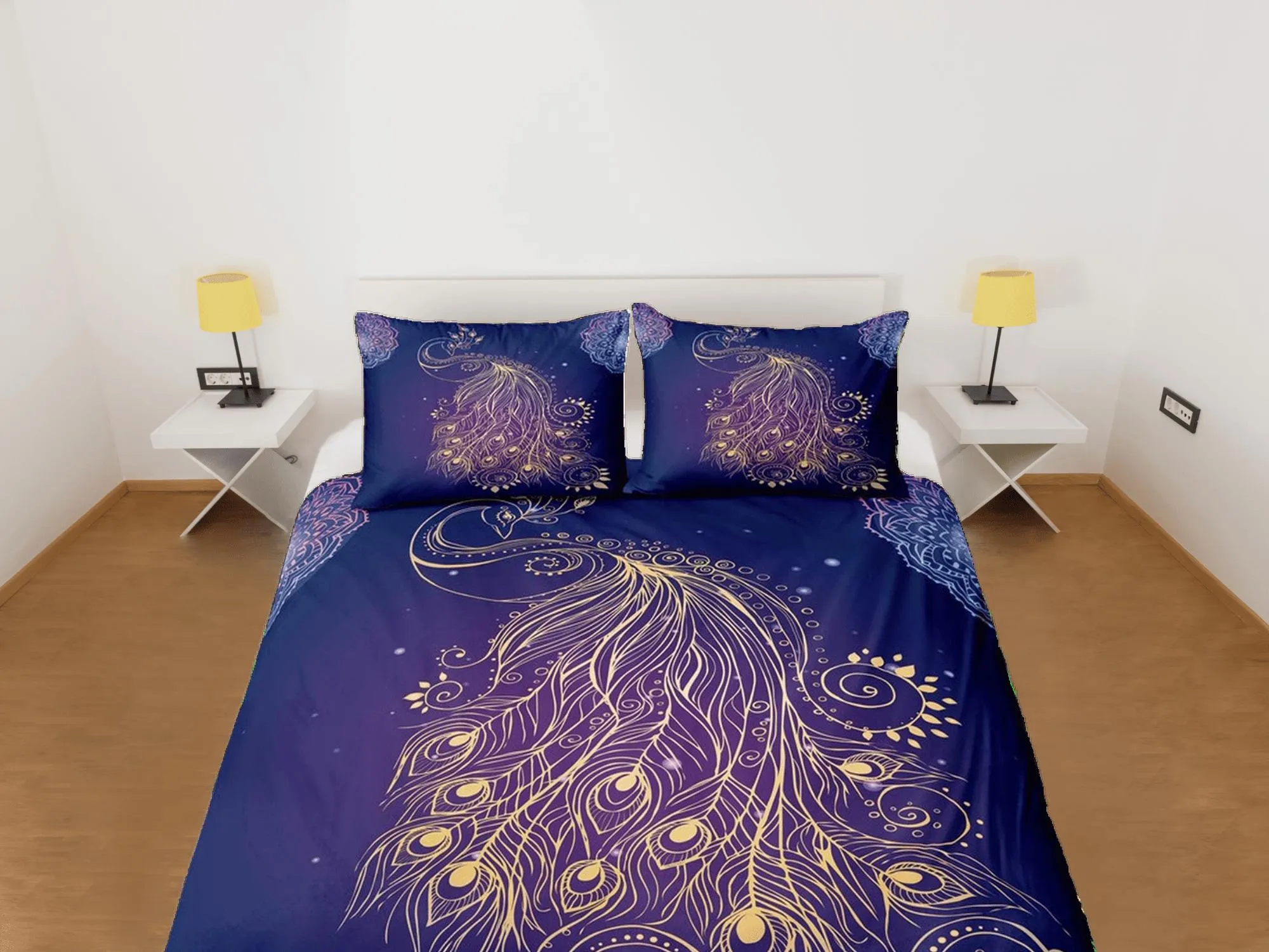 Koamaru peacock decor gold aesthetic bedding set full, luxury duvet cover queen, king, boho duvet, designer bedding, maximalist bedspread