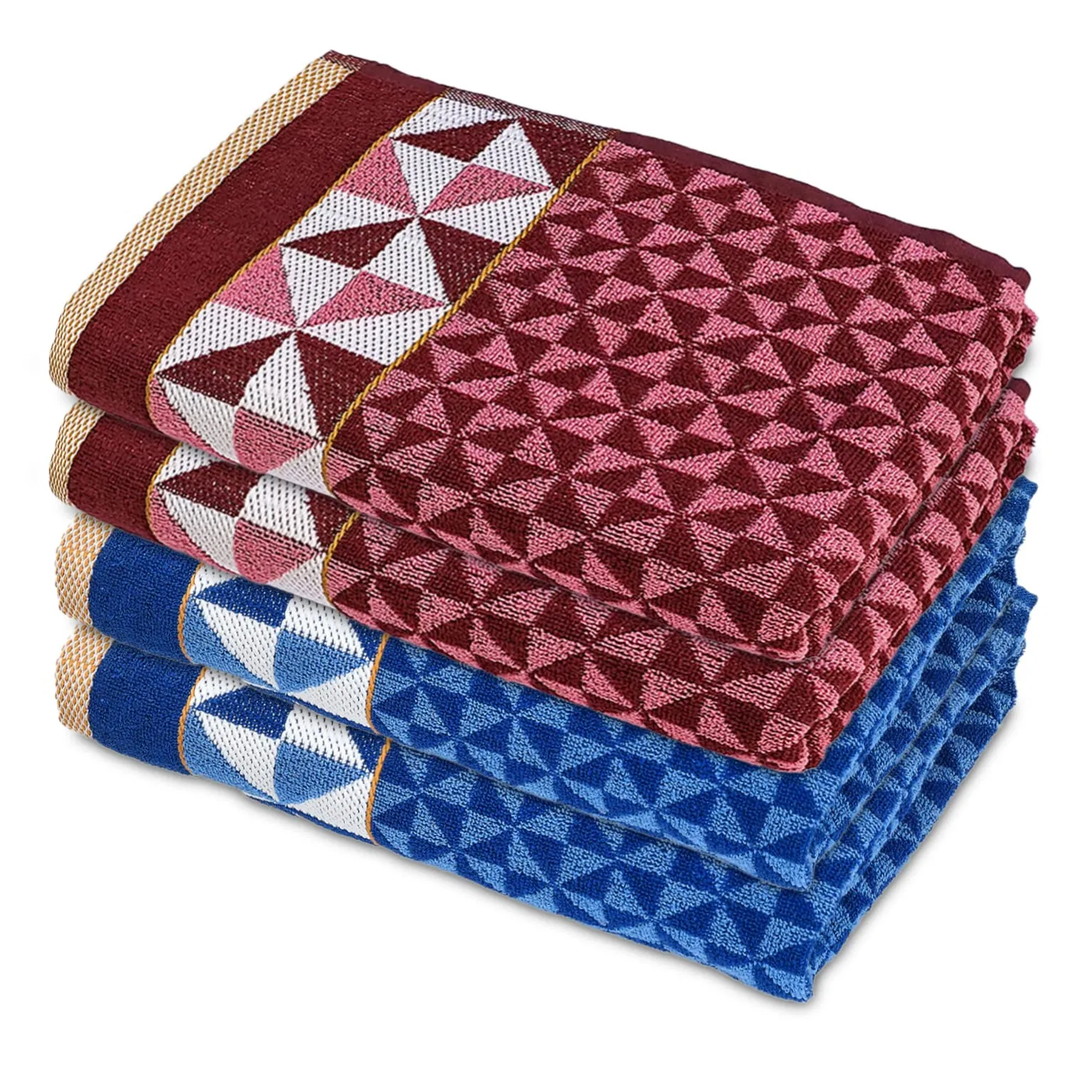 Kuber Industries Tringle Printed Super Soft, Fluffy, and Absorbent, Cotton Bath Towel Perfect for Daily Use, 30"x60"- Pack of 4 (Maroon & Blue), Standard