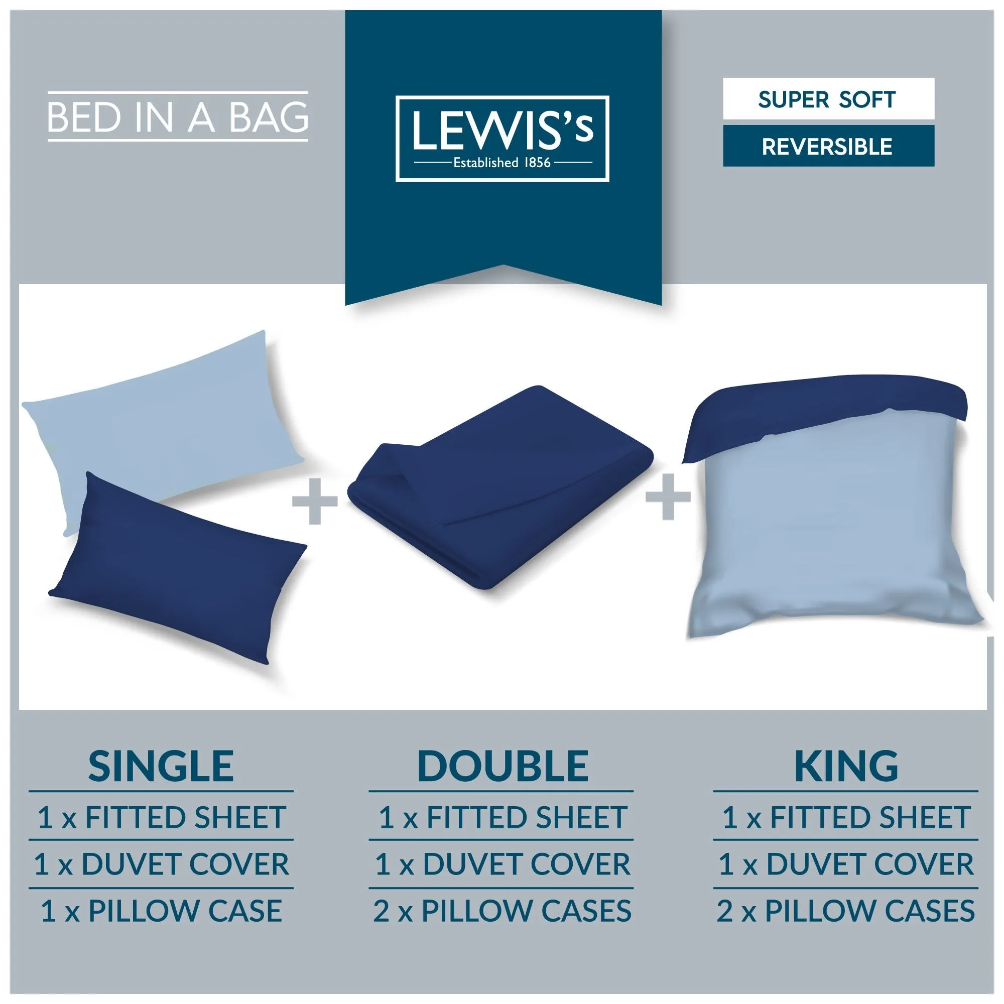 Lewis's Reversible Printed Bed In A Bag - Blue Check