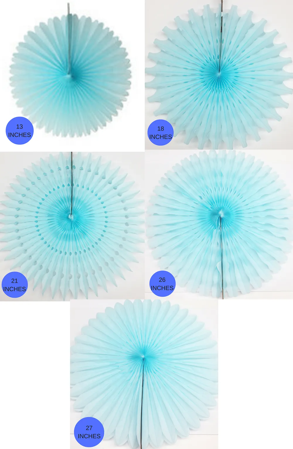 Light Blue Paper Fans, 5 Sizes