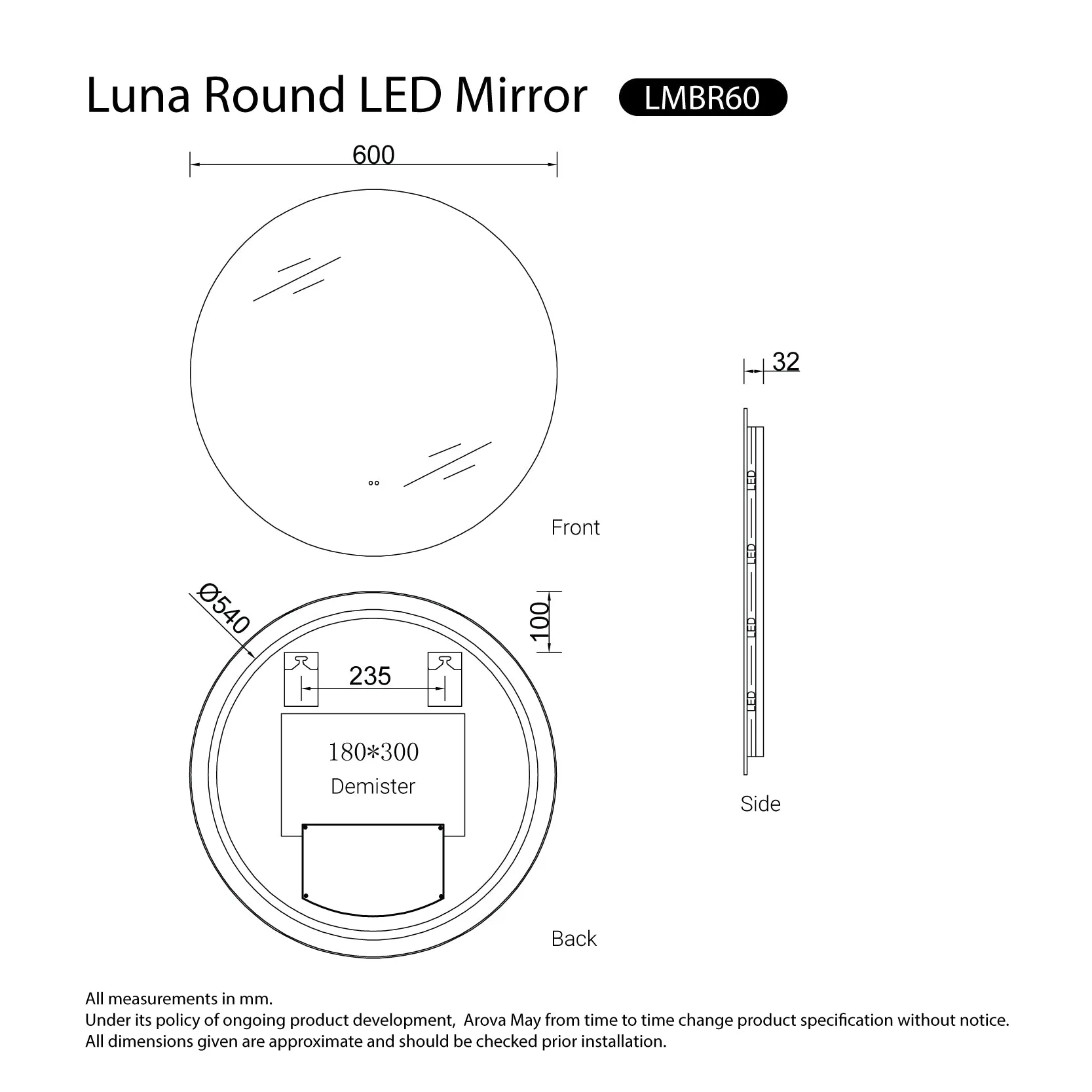 Luna 600mm Frameless Anti-Fog Dimmable Led Bathroom Mirror Round