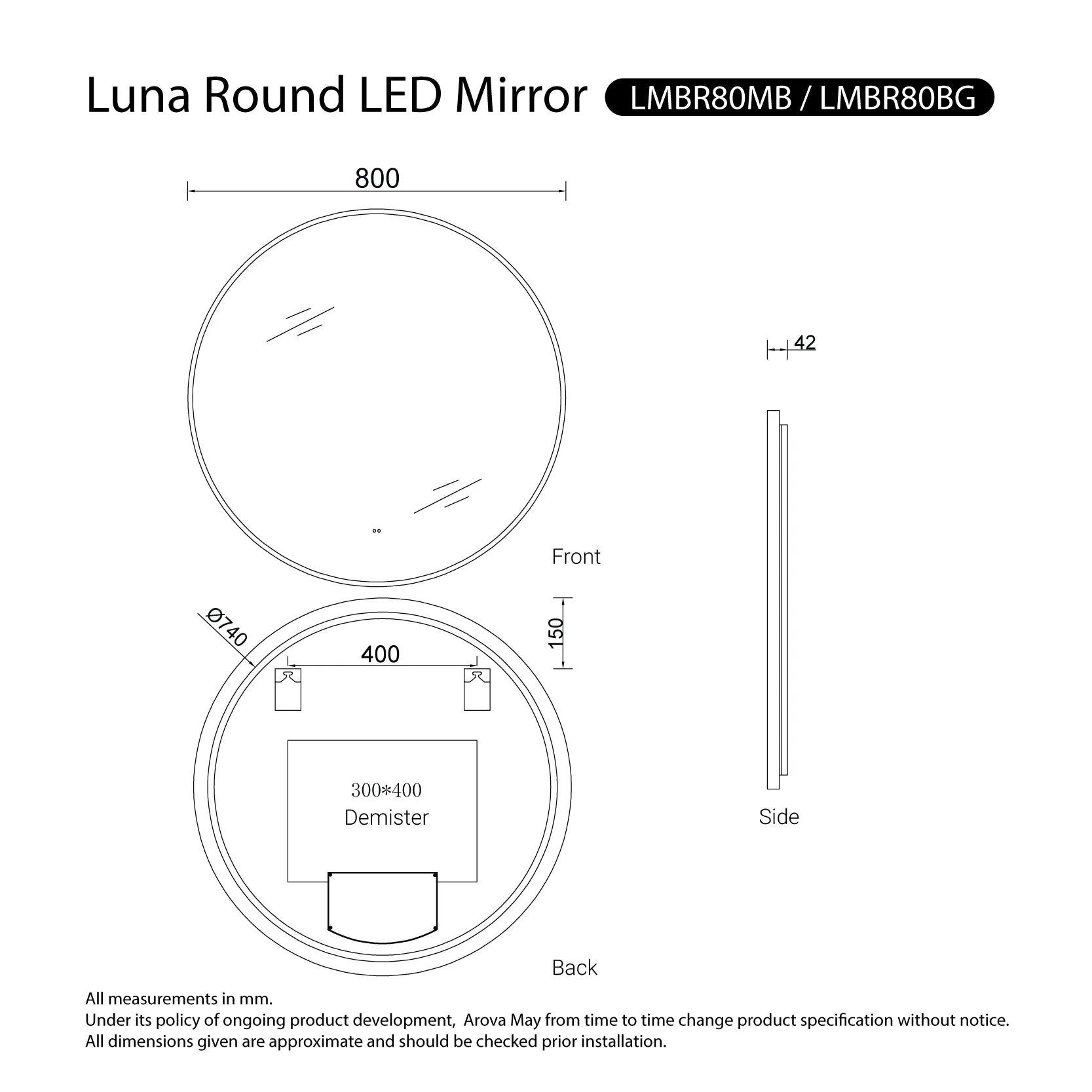 Luna 800mm Black Frame Anti-Fog Dimmable Led Bathroom Mirror Round