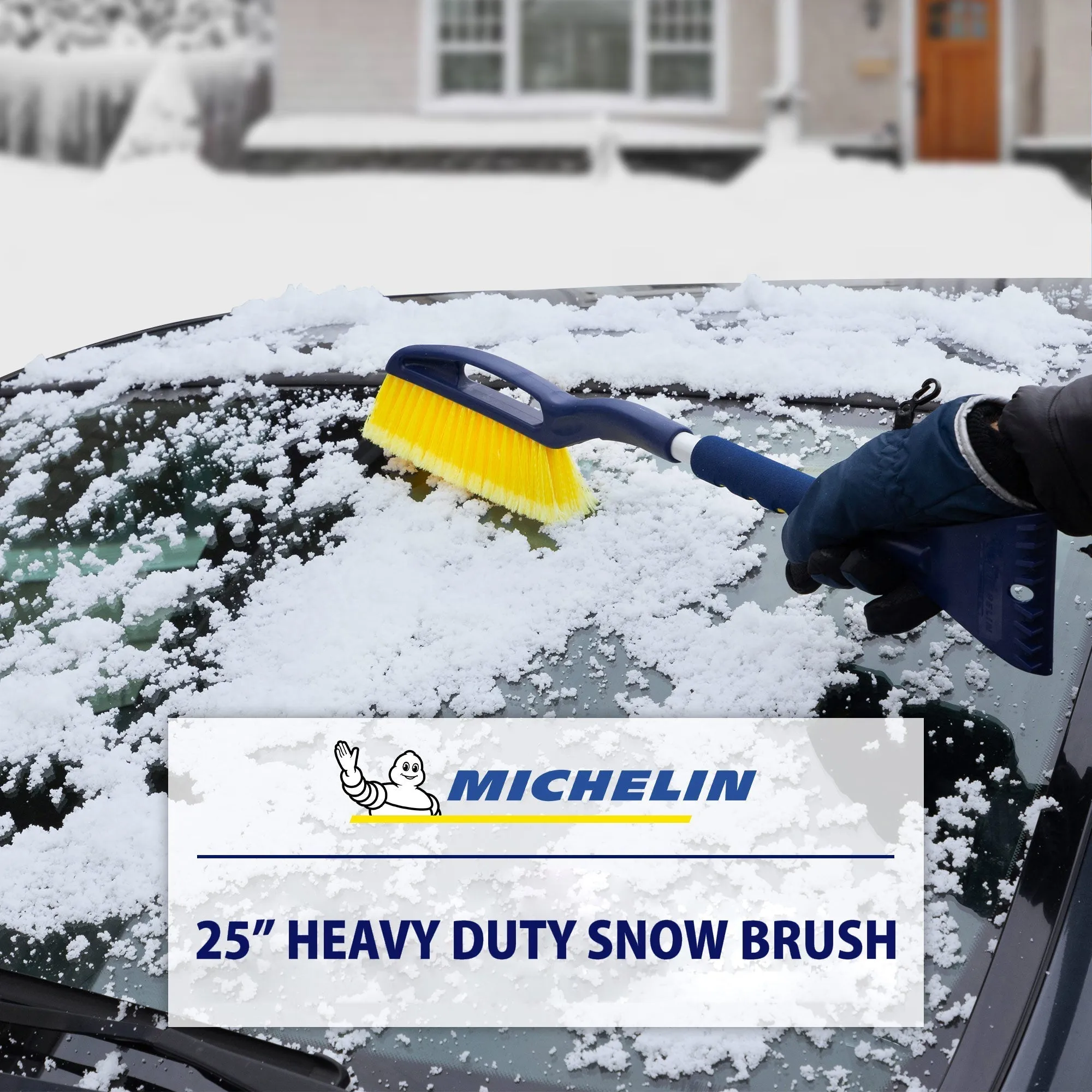 Michelin Heavy Duty 25 Inch Snow Brush with Ice Scraper, Blue Yellow Gray, Lightweight Aluminium Shaft, Ergonomic Handle with Power Scraping Grip Design, for Snow, Ice, Slush, Car, SUV, Truck