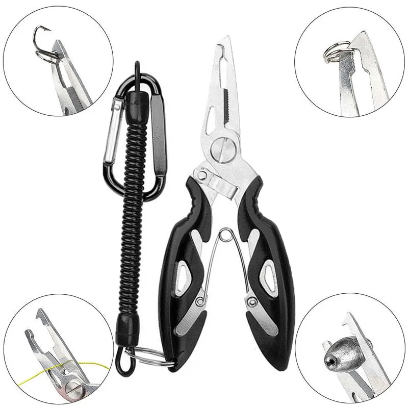 Multifunctional Fishing Pliers Scissors Narrow Serrated Nose Spring-Assist Jaw Fishing Tongs Braid Line Lure Cutter Hook Remover