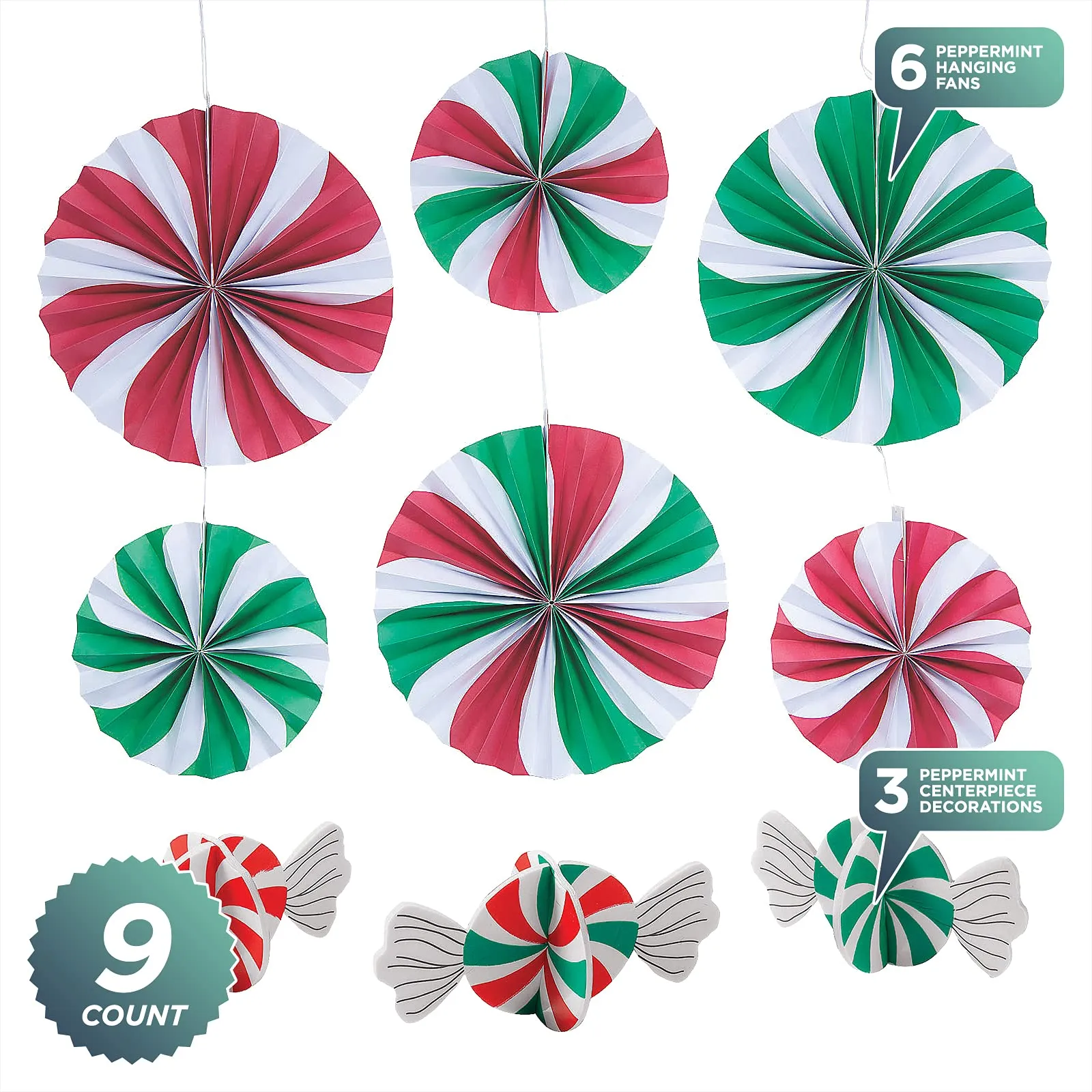 Peppermint Christmas Party Supplies - Peppermint Swirl Hanging Paper Fans and Table Centerpiece Decorations