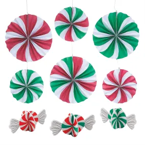 Peppermint Christmas Party Supplies - Peppermint Swirl Hanging Paper Fans and Table Centerpiece Decorations