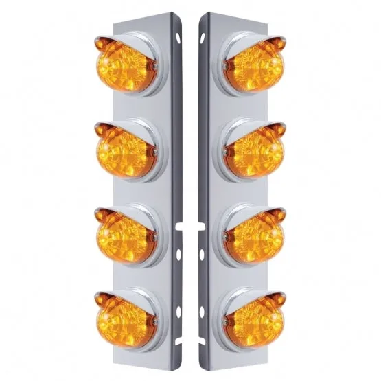 Peterbilt Stainless Front Air Cleaner Bracket w/ Eight 17 LED Reflector Watermelon Lights & Visors - Amber LED/Amber Lens