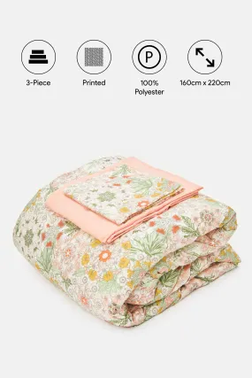 Pink 3 Piece Floral Printed Comforter Set (Single Size)