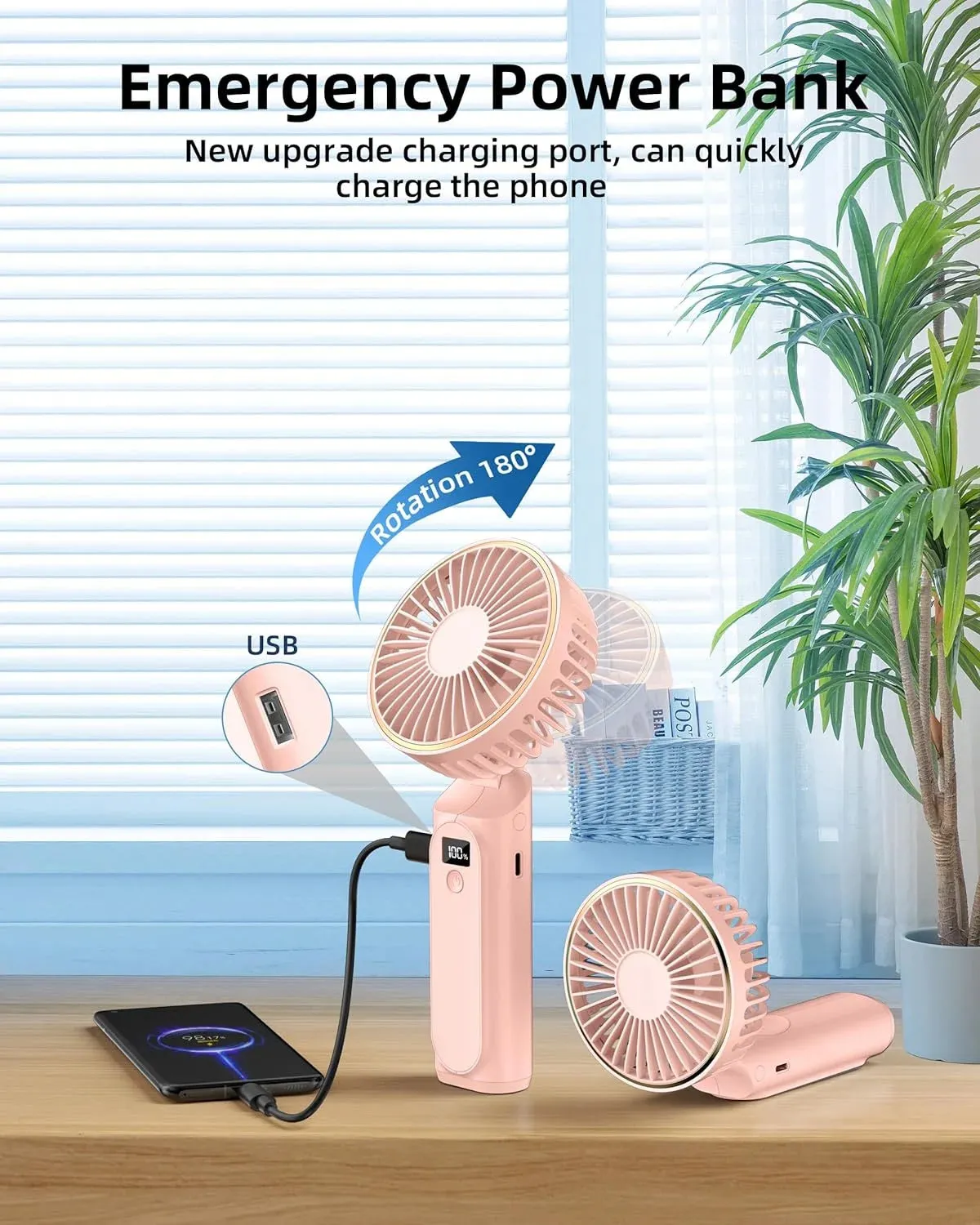 Portable Handheld Mini Fan, Neck Fan, 4000Mah Desk Fan, 180° Adjustable, 6 Speed Wind, Display Electricity in Real Time, USB Rechargeable Foldable Fan, Quiet Personal Fan with Power Bank Pink