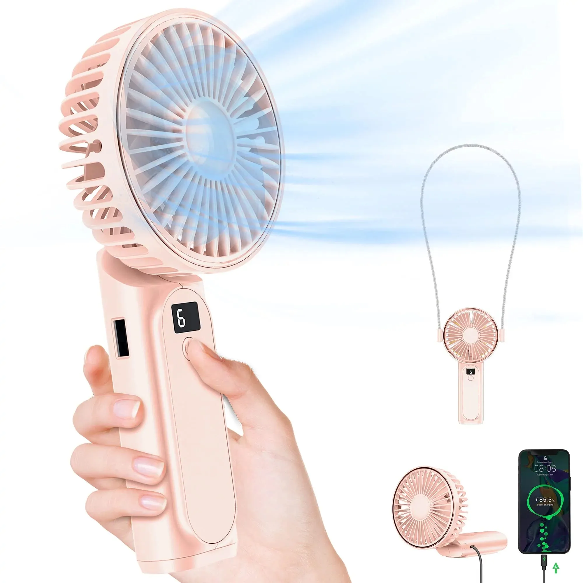 Portable Handheld Mini Fan, Neck Fan, 4000Mah Desk Fan, 180° Adjustable, 6 Speed Wind, Display Electricity in Real Time, USB Rechargeable Foldable Fan, Quiet Personal Fan with Power Bank Pink