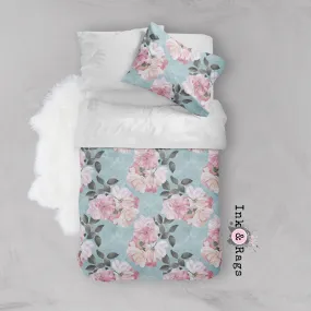 Powder Blue Dot and Pink Rose Floral Crib and Toddler Bedding Collection