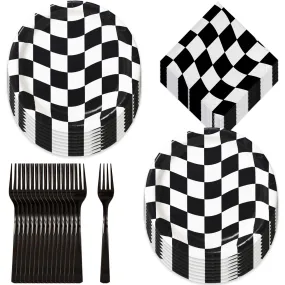 Race Party Supplies Black and White Checkered Paper Dinner Plates, Lunch Napkins, and Forks (Serves 16)