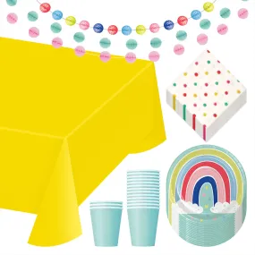 Rainbow Party Pack - Rainbow Art Mint Baby Shower & Birthday Paper Dessert Plates, Napkins, Cups, Table Cover, Hanging Fans, and Confetti Balloons (Serves 16)