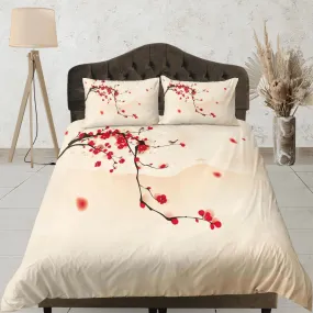 Red cherry blossom beige bedding floral prints duvet cover queen, king, boho bedding designer bedspread full size bedding aesthetic