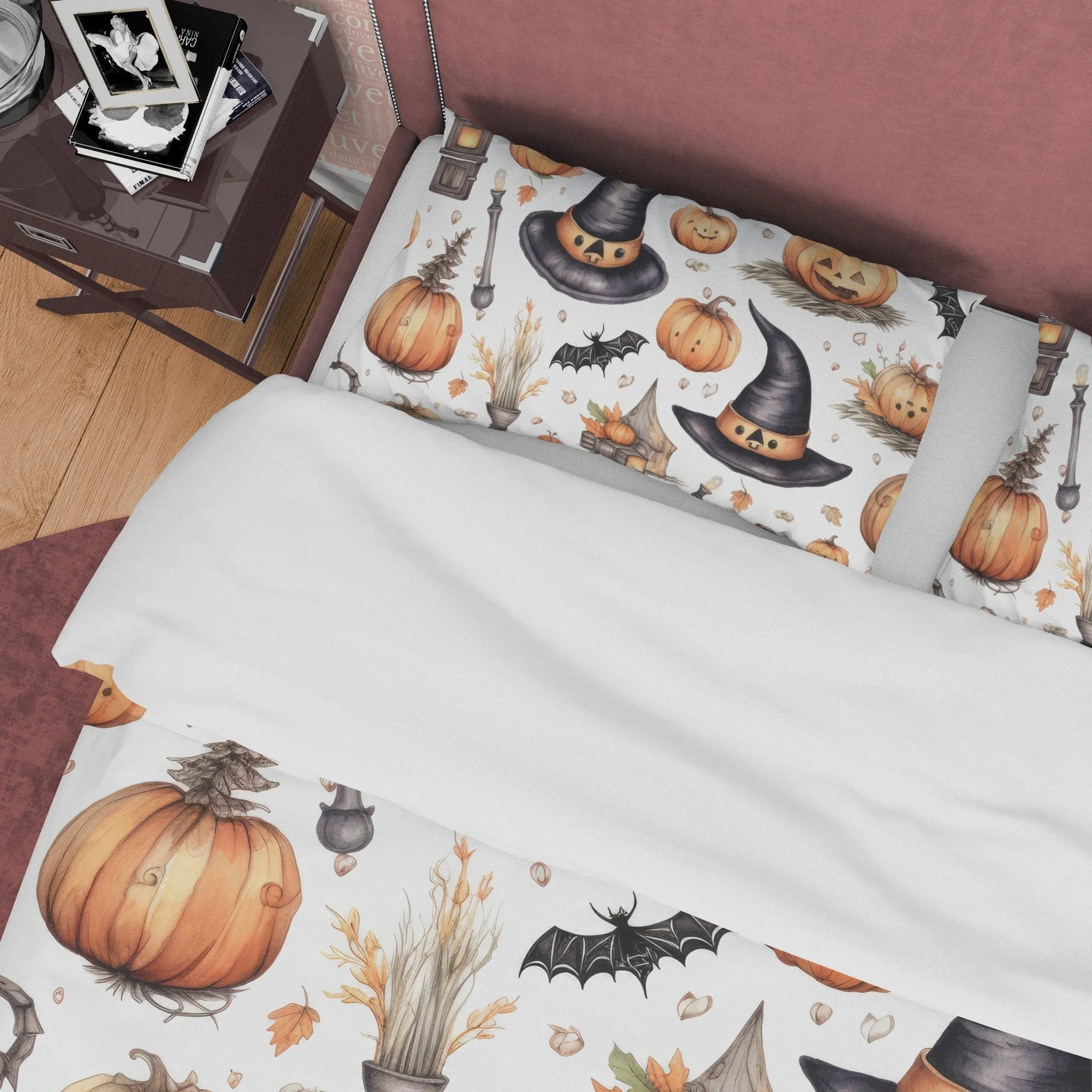 Retro Style Halloween Duvet Cover Set, Pumpkin, Witch Hat, Aesthetic Zipper Bedding, Spooky Bedroom, US, UK, European, Australian Bed Size