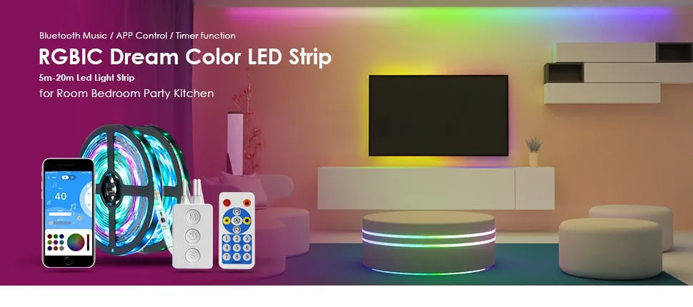 RGBIC LED Strip Light Bluetooth Music APP Control RGB IC Flexible Multicolor Led Light Strip for Room TV Bedroom Party Kitchen 10M 20M