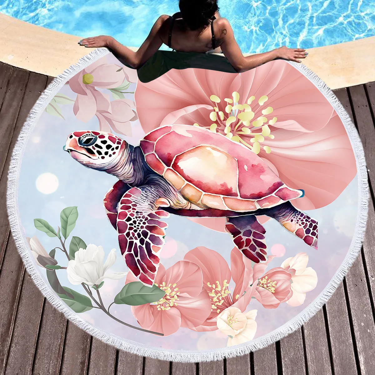 Sea Turtle Blossoms Round Beach Towel