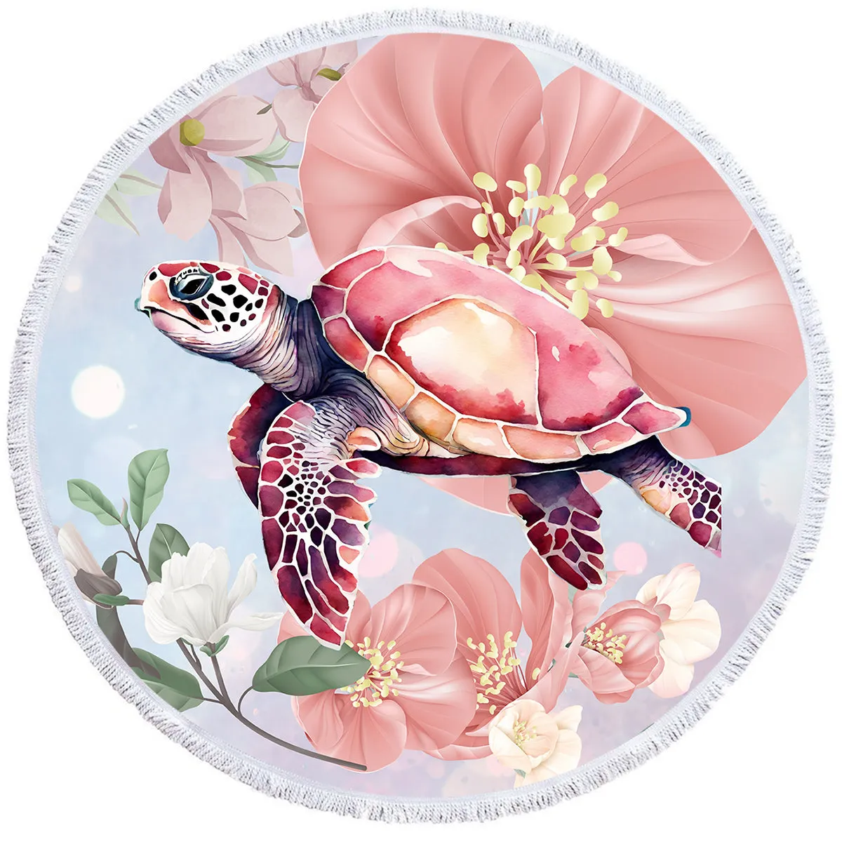 Sea Turtle Blossoms Round Beach Towel