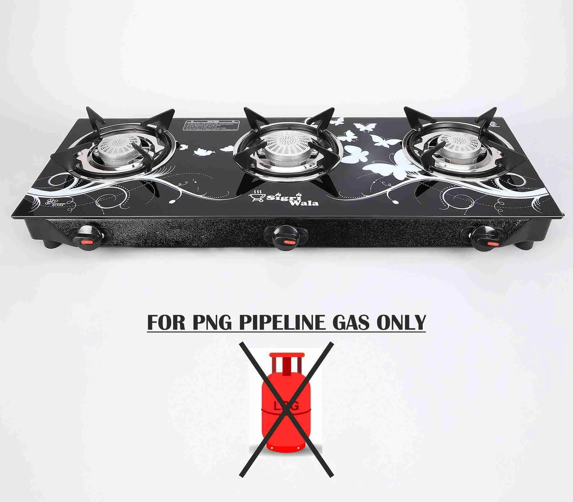 Sigri-wala 3B PNG/CNG Compatible Stainless Steel, Glass Manual Gas Stove (3 Burners)