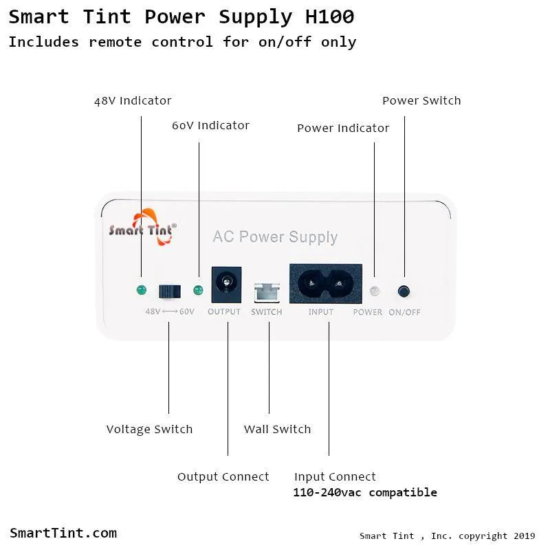 Smart Tint® Power Supply H-100R with Remote Control/Wall Switch/up to 180 sq feet