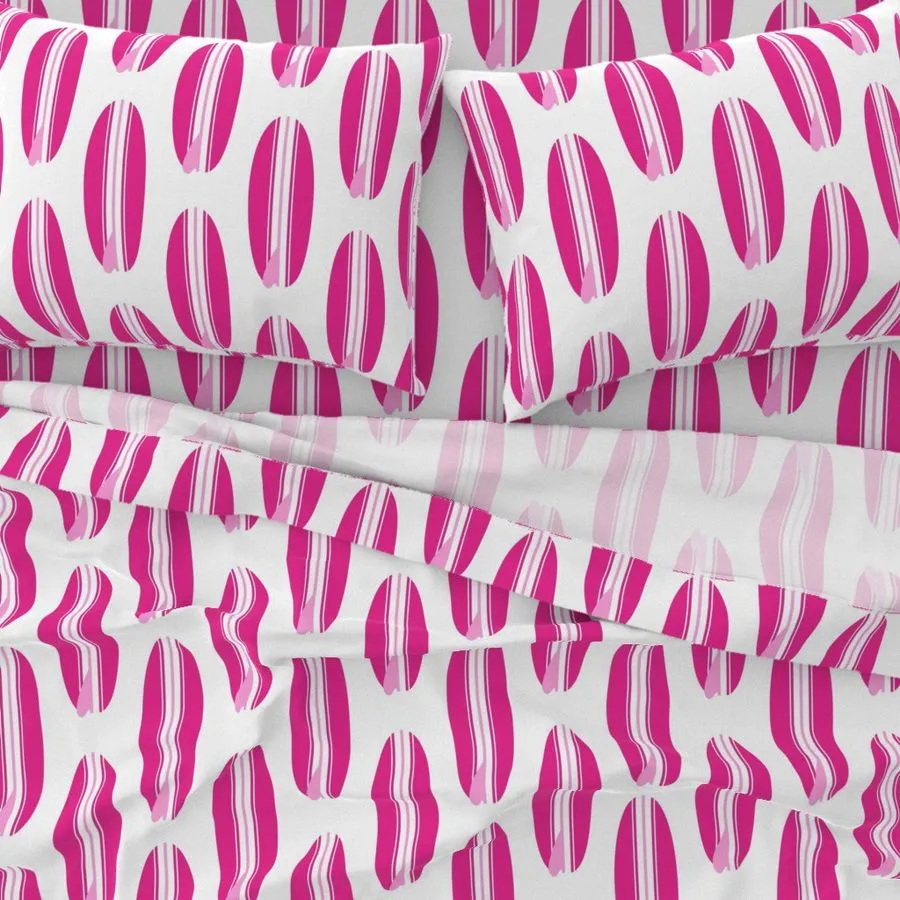 Surfer Girl Pink, White and Soft Pink Classic Surfboards Sheet Set from Surfer Bedding™️ Large Scale