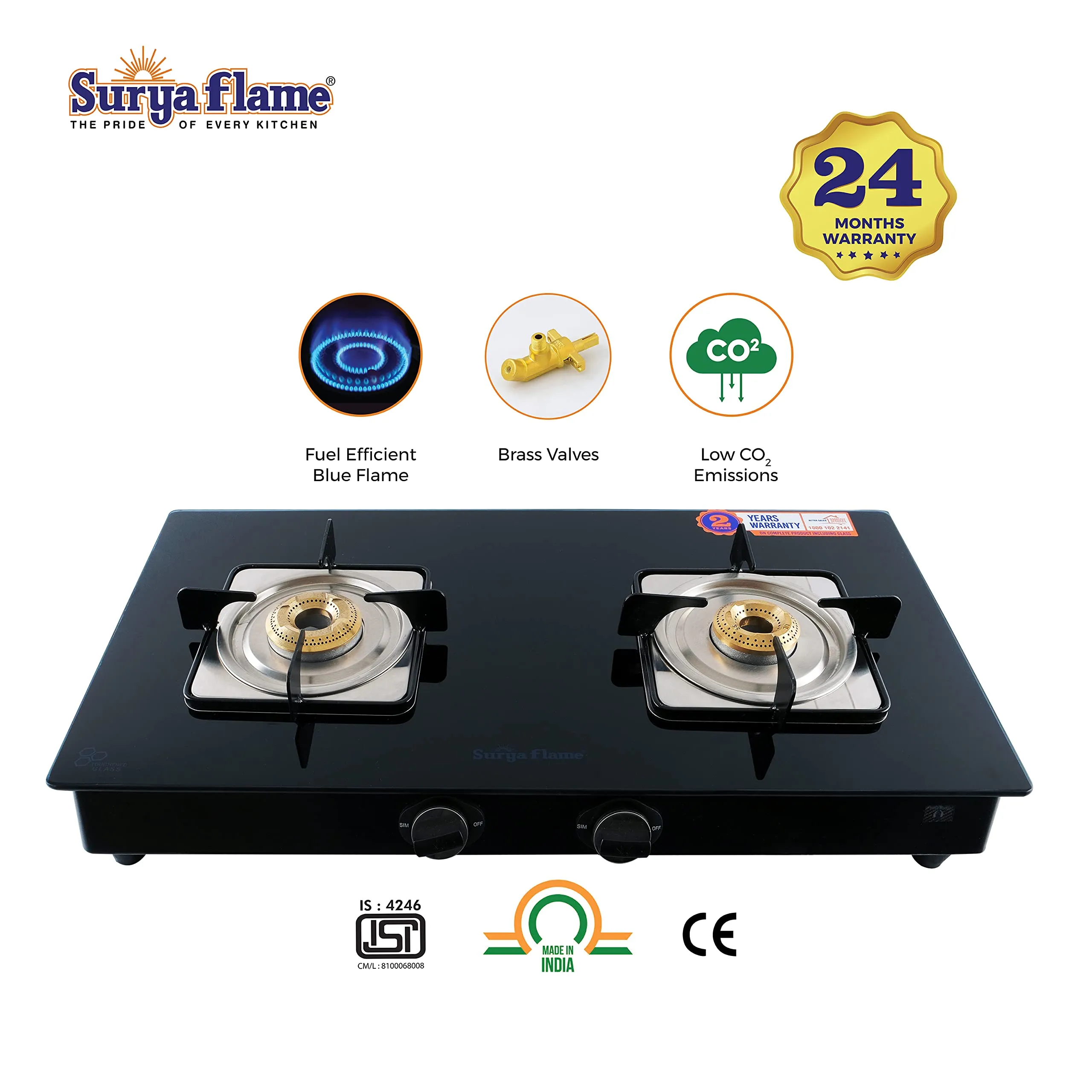 Surya Flame Nexa LPG Gas Stove | Glass Top With Stainless Steel Body | 2 Years Complete Door Step Warranty Including Glass - Black (2 Burner, 2)