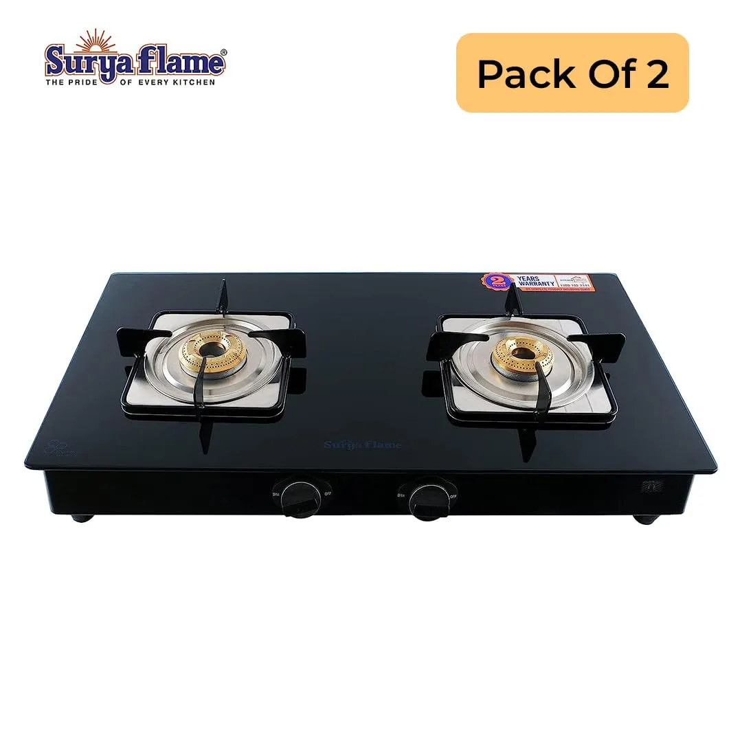 Surya Flame Nexa LPG Gas Stove | Glass Top With Stainless Steel Body | 2 Years Complete Door Step Warranty Including Glass - Black (2 Burner, 2)