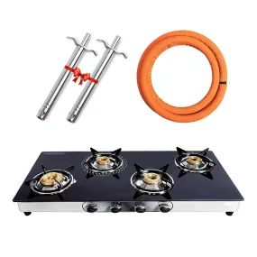 Surya Flame Supreme Gas Stove 4 Burners Glass Top LPG Stove | LPG Gas Dual Layer Rubber Hose Pipe 1.5M | Chrome Stainless Steel Gas Lighter (Pack of 2)