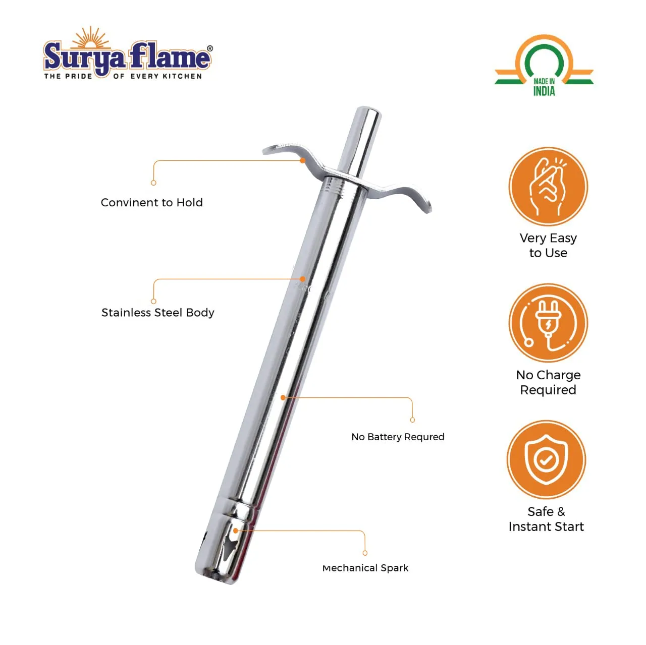 Surya Flame Supreme Gas Stove 4 Burners Glass Top LPG Stove | LPG Gas Dual Layer Rubber Hose Pipe 1.5M | Chrome Stainless Steel Gas Lighter (Pack of 2)