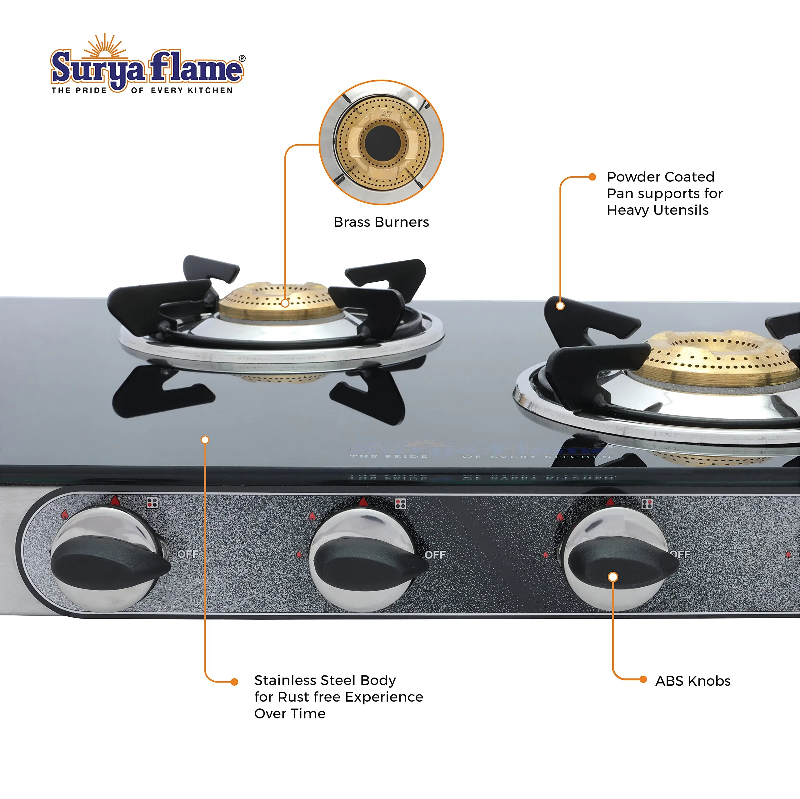 Surya Flame Supreme Gas Stove 4 Burners Glass Top LPG Stove | LPG Gas Dual Layer Rubber Hose Pipe 1.5M | Chrome Stainless Steel Gas Lighter (Pack of 2)