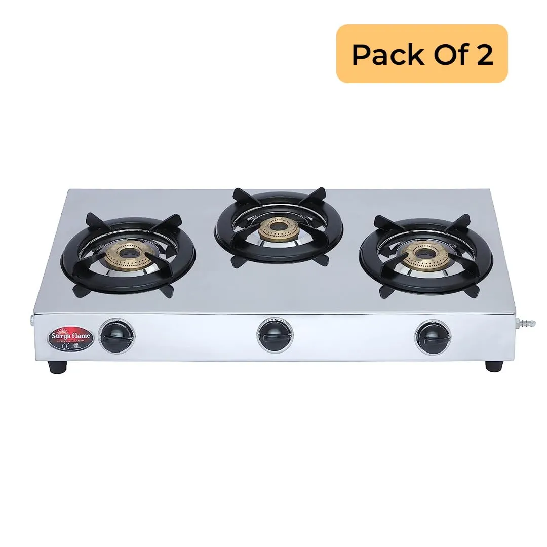 Surya Flame Triple Cook Gas Stove 3 Burners | Stainless Steel Body | Manual LPG Gas Stove | Sleek Desing Body With Anti Skid Rubber Legs - 2 Years Complete Doorstep Warranty (2)