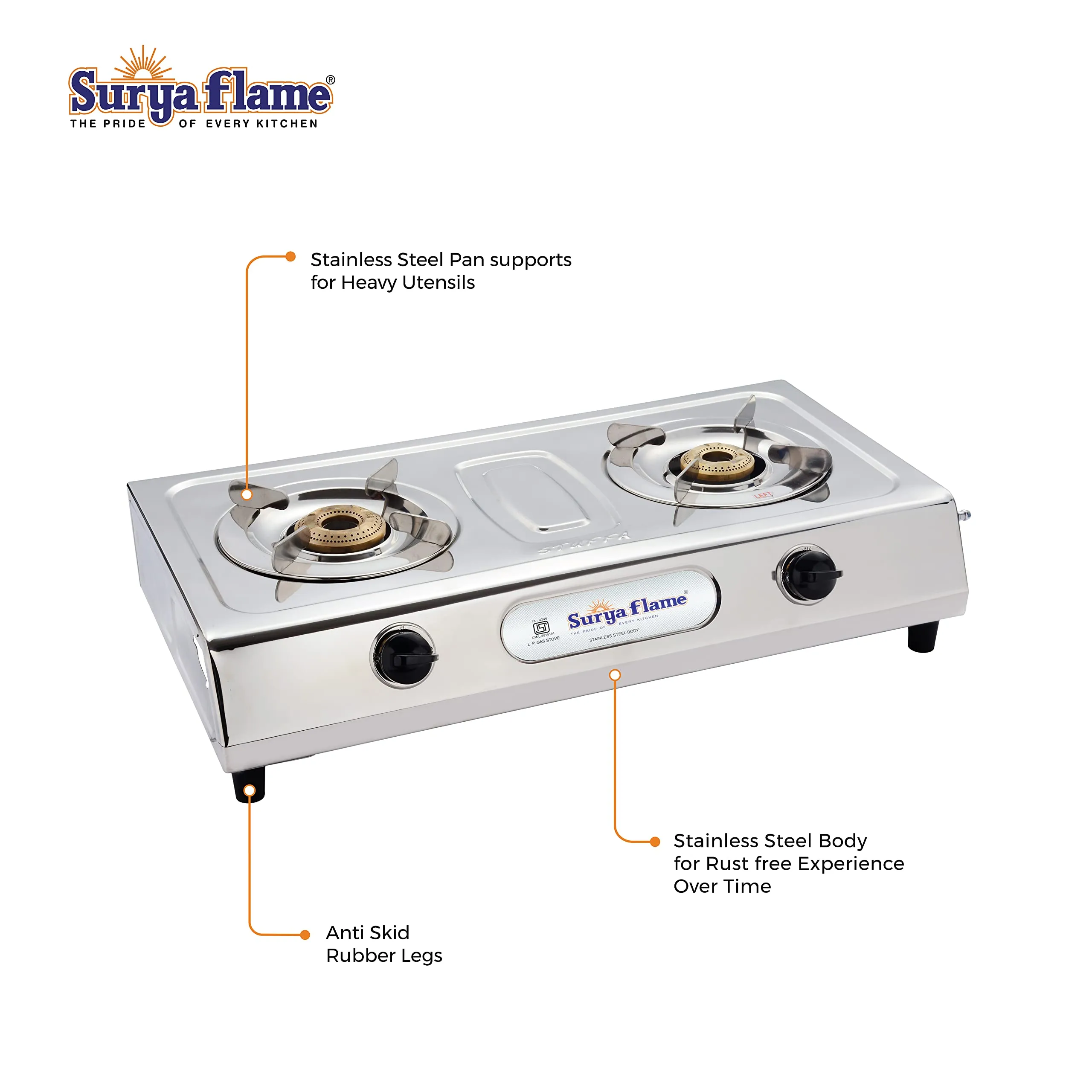 Surya Flame Ultimate Gas Stove 2 Burners Manual LPG Stove | LPG Gas Dual Layer Rubber Hose Pipe 1.5M | Stainless Steel Elegant Gas Stove Lighter With Knife, Peeler Knife and Shredder (Pack of 4)