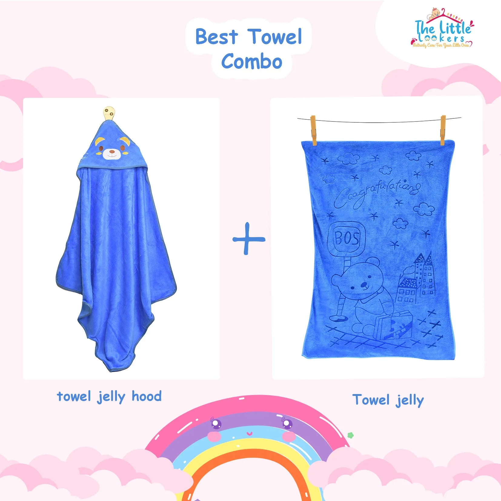 THE LITTLE LOOKERS Super Soft Baby Bath Towel Set | 1 Hooded Towel & 1 Bath Towel | for Infants & Babies - Set of 2