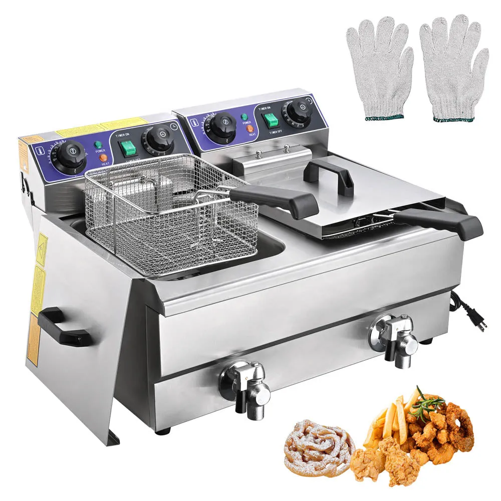 TheLAShop Deep Fryer w/ Oil Drain Timer Comml. Dual Basket 6.2Gal, 3000W