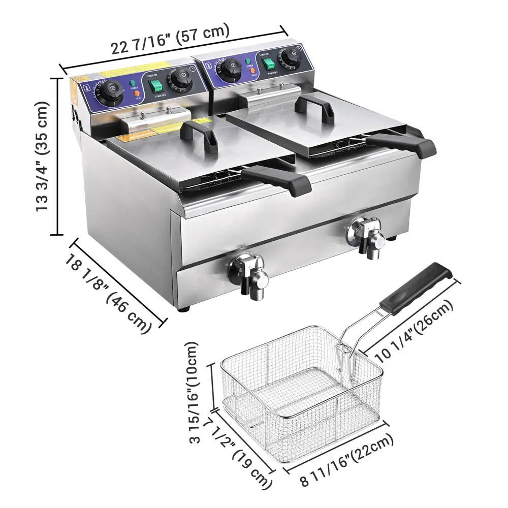 TheLAShop Deep Fryer w/ Oil Drain Timer Comml. Dual Basket 6.2Gal, 3000W