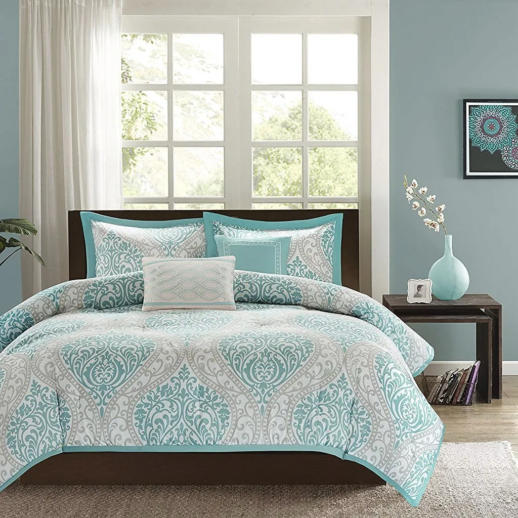 Twin - Twin XL Comforter Set in Light Blue White Grey Damask Pattern