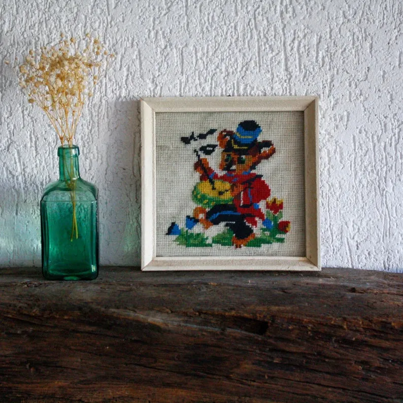 Vintage framed needlepoint embroidery