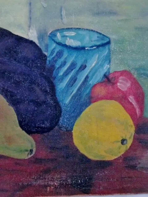 Vintage SIGNED 1960s FJP PAINTING ART Still Life FRUIT JUG WINE Table Setting Pear Apple