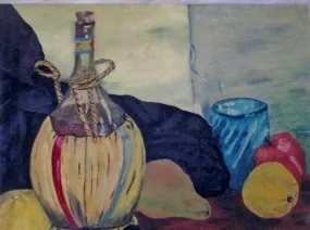 Vintage SIGNED 1960s FJP PAINTING ART Still Life FRUIT JUG WINE Table Setting Pear Apple