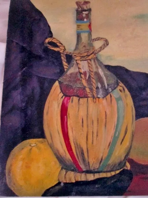 Vintage SIGNED 1960s FJP PAINTING ART Still Life FRUIT JUG WINE Table Setting Pear Apple