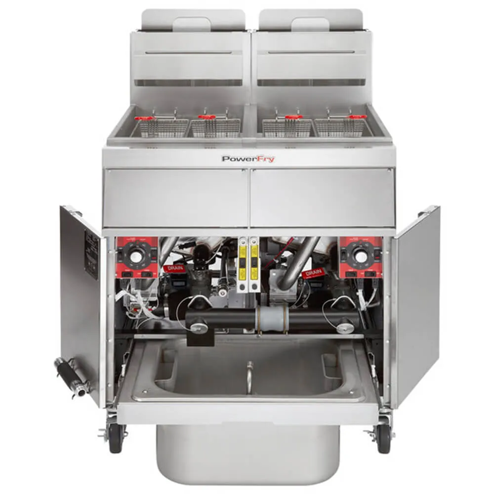 Vulcan 2TR45AF-1 PowerFry3 Natural Gas 90-100 lb. 2 Unit Fryer System with Solid State Analog Controls and KleenScreen Filtration - 140 000 BTU